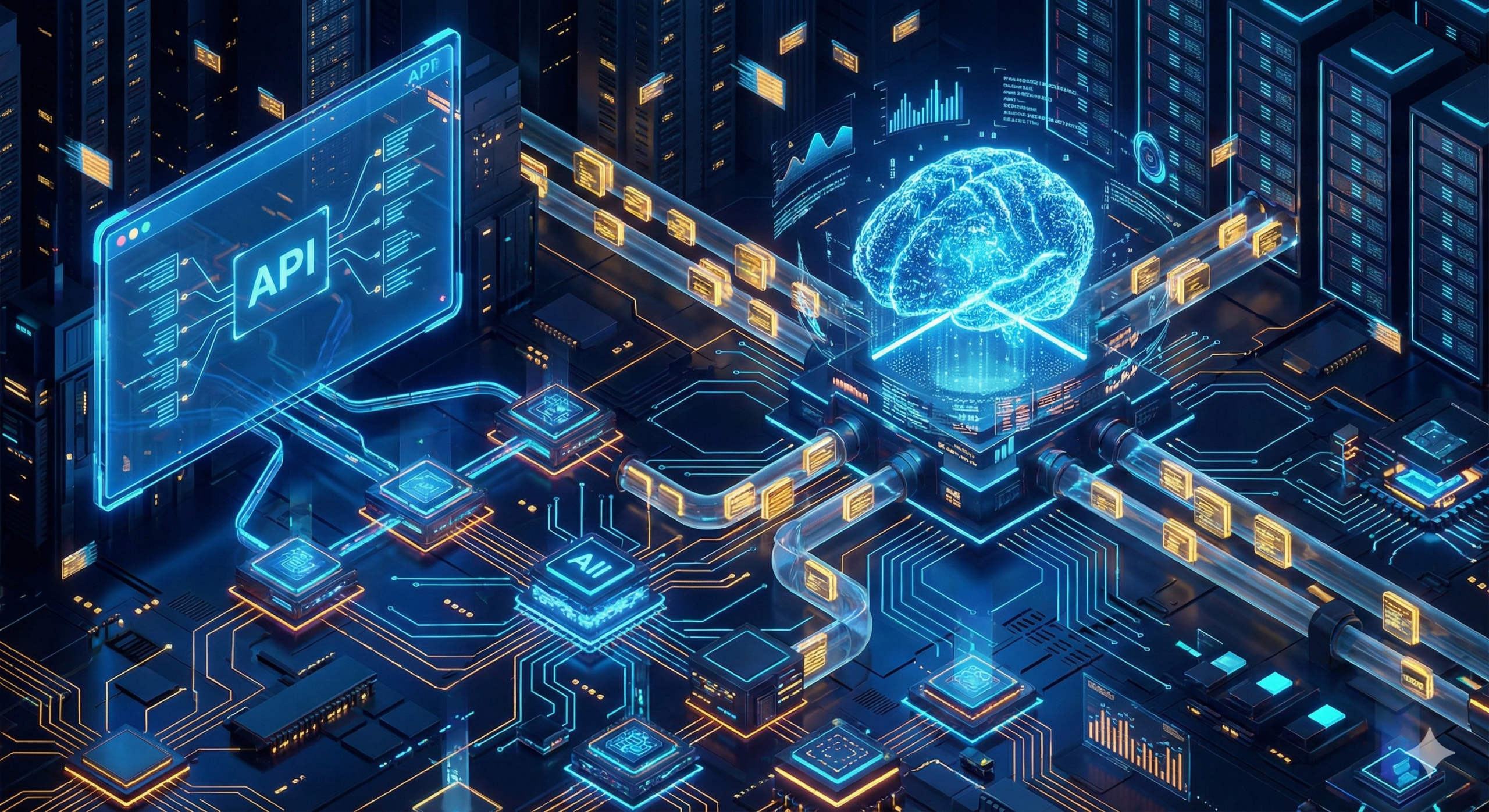 epresentación futurista de APIs de web scraping extrayendo datos estructurados para IA